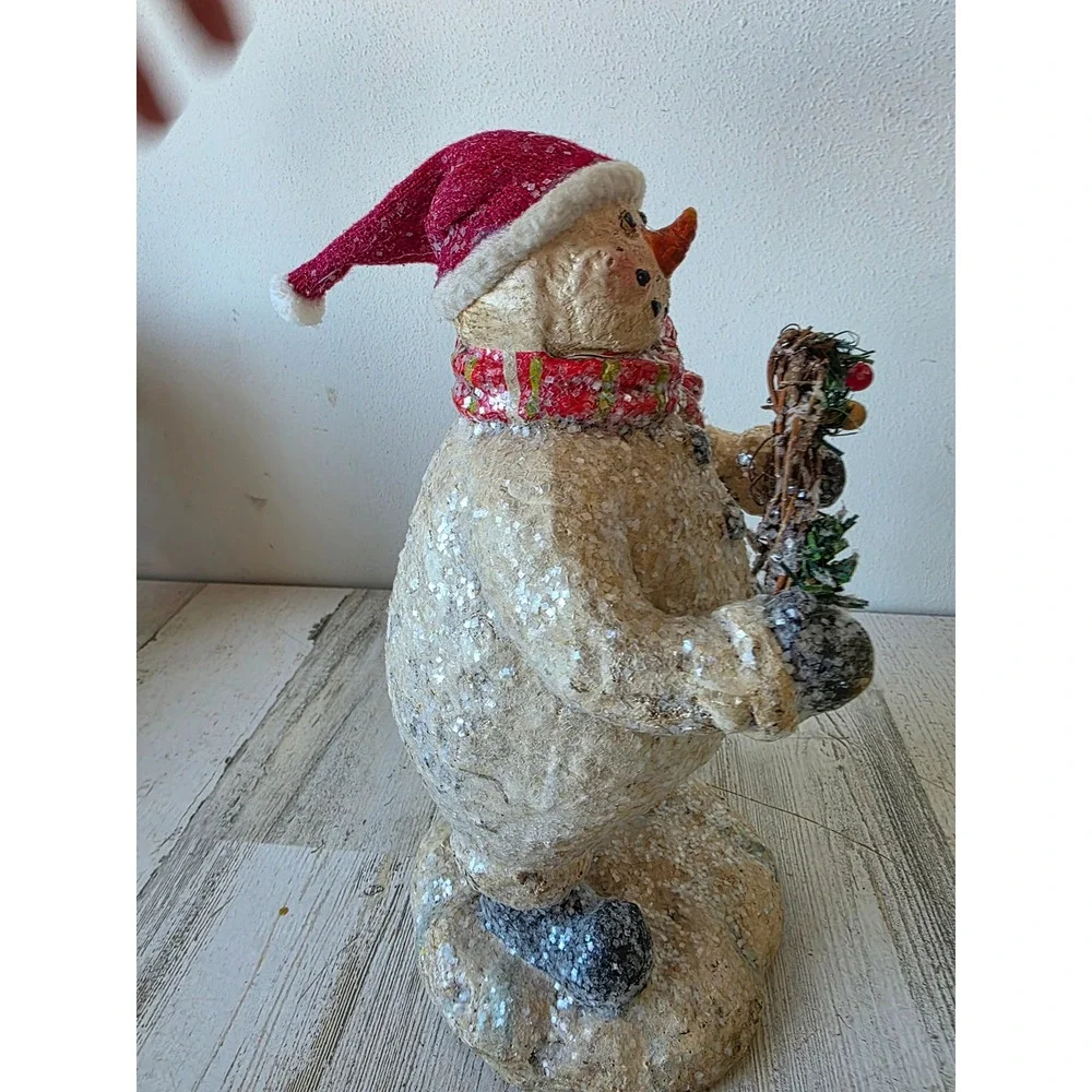 Vintage glitter snowman wreath statue figurine sparkle Xmas decor‎ hat